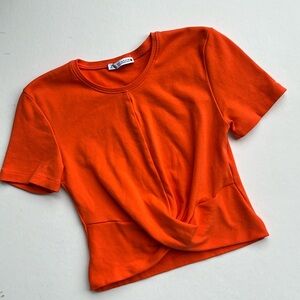 Zara Orange Knot Front Crop Top Tee Shirt Sz Small